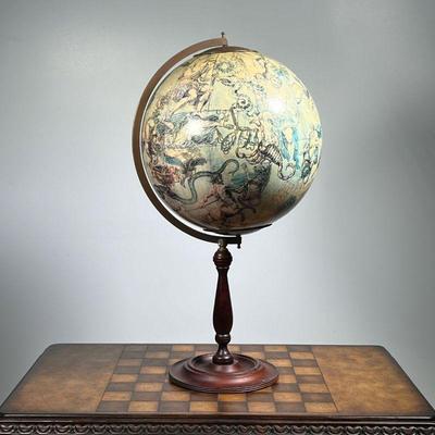 GLOBE: PRINTED CONSTELLATIONS  |  Printed constellations with chased brass top and bottom mounts on a brass harp and turned wood base. -...