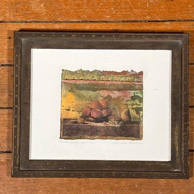 DANIELLE DESPLAN (AMERICAN, 20TH C.)  |  Still life with fruit
Collage/ print float mounted in the frame
Pencil signed lower right,...