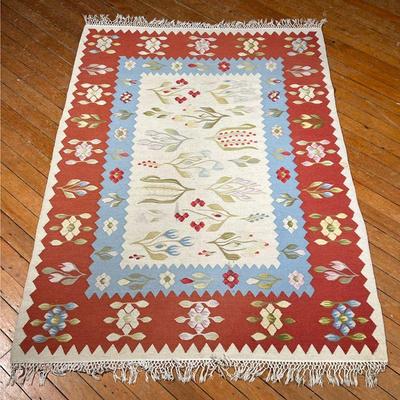 FLAT WOVEN RUG  |  Romanian, 20th century, flat woven geometric rug with branches on a taupe ground within blue and red borders of...