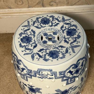 CHINESE GARDEN SEAT  |  Blue decoration on a white ground, with dragon, phoenix, and flowers, with applied porcelain and openwork...