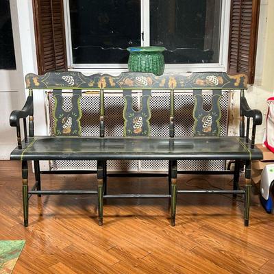 FANCY PAINTED BENCH  |  Having three seats, painted crest rail and splats decorated with stencils of grapes - l. 56 x w. 21 x h. 33 in.
