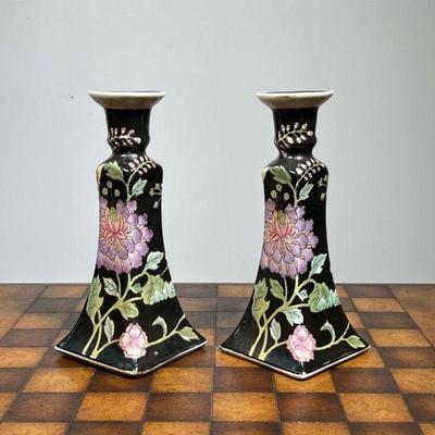 CHINESE CANDLESTICKS  |  Famille noire porcelain candlesticks with red seal marks on bottom - l. 4 x w. 4 x h. 9 in.