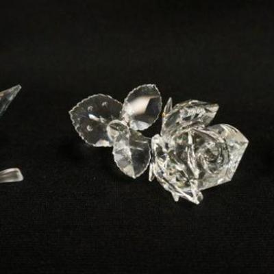 1012	SWAROVSKI CUT CRYSTAL FIGURINES , PORCUPINE, BUTTERFLY ON LEAF, ROSE WITH STEM, LARGEST APPROXIMATELY 2 1/4 IN H
