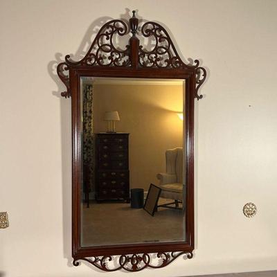 OPENWORK WOOD MIRROR  |
Carved openwork wall mirror with a shaped swans neck pediment, with a beveled glass mirror surface - w. 30 x h....
