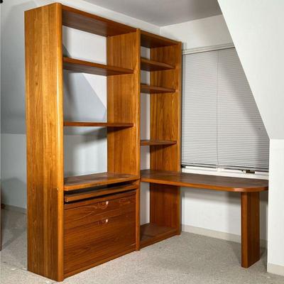 CUSTOM CORNER DESK UNIT  |  
Having open shelves in two banks, with two drawers, and an L shaped floating desk - l. 71 x w. 62 x h. 85...