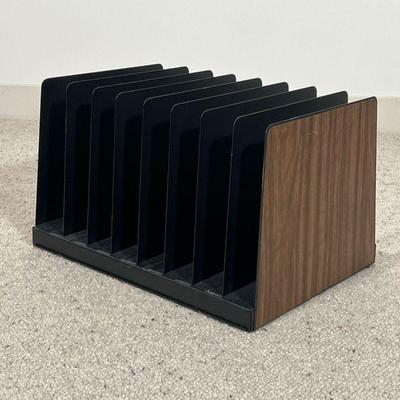 VINTAGE DESKTOP FILE ORGANIZER  |
Wood, laminate stickers, and steel - l. 15 x w. 11 x h. 9.5. in.