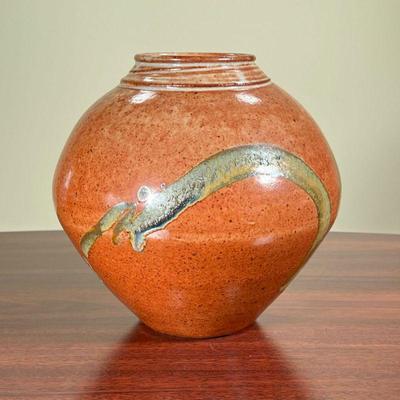 LYNETTE KING VASE  |  
Art pottery vase made by Lynette King, having an orange glaze - h. 9 1/2 x dia. 10 in.