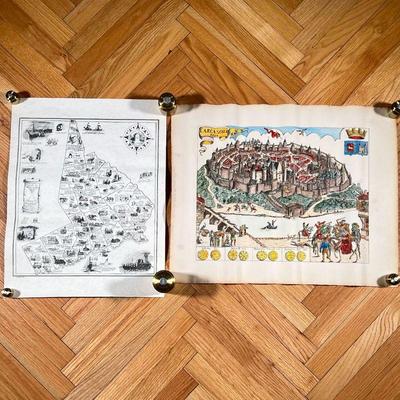 MAP & MEDIEVAL PRINT  |
Displaying the city of Carcasona in 1490 on parchment paper, and a map displaying some of the towns of...