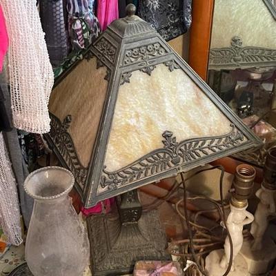 Antique PLBG Arts & Crafts Movement Pittsburgh Lamp, Brass & Glass Co. Slag Glass Panel Table Lamp. There are two of these lamps...