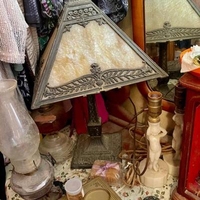 Antique PLBG Arts & Crafts Movement Pittsburgh Lamp, Brass & Glass Co. Slag Glass Panel Table Lamp. There are two of these lamps...