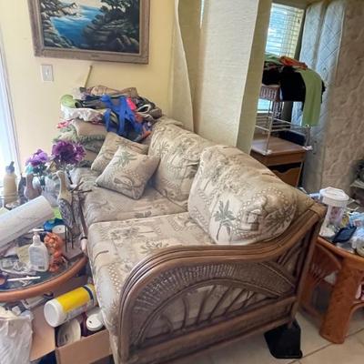 Palm tree rattan couch and matching side tables and chair