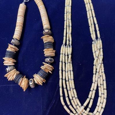 Bohemia shell & wood beaded necklace/ vintage bone silver tone multi strand necklace