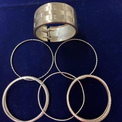 silver tone basket weave cuff bracelet & 5 bangle bracelets