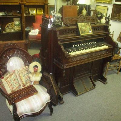 Ornate Victorian Pump Organ, Henkel Harris Victorian Chair