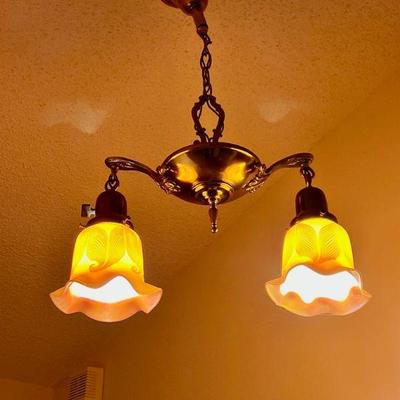 Tulip Quezal (marked) Pulled Feather Art Nouveau Glass Shades