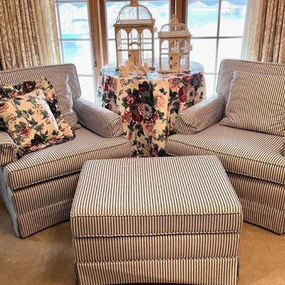 Club chairs with blue ticking stripe