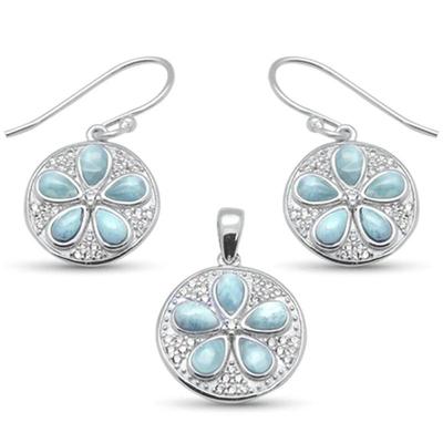 Sand Dollar Coin & Plumeria Natural Larimar .925 Sterling Silver Earring & Pendant Set
$114...