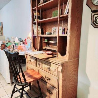 Tall Oak Secretary Hutch, Signed Hitchcock Chairs