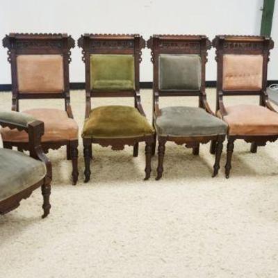 1078	VICTORIAN WALNUT 6 PIECE PARLOR SET, 4 SIDE CHAIRS, ONE ARMCHAIR & ONE PLATFORM ROCKER, UPHOLSTERY WORN
