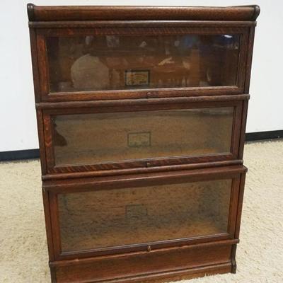 1072	OAK 3 SECTION GLOBE WERNICKE STEP BACK BOOKCASE, BOOKCASE APPROXIMATELY 44 IN X 12 IN X 49 IN HIGH
