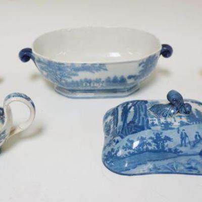 1096	DAVENPORT STAFFORDSHIRE BLUE & WHITE TRANSFERWARE INCLUDING OVAL 12 IN SERVING BOWL, OVAL 8 IN COVERED BOWL, 2-9 IN GRAVIES...