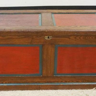 1054	PAINT DECORATED CHESTNUT PANELED BLANKET BOX W/CHAMPHOR WOOD LINING
