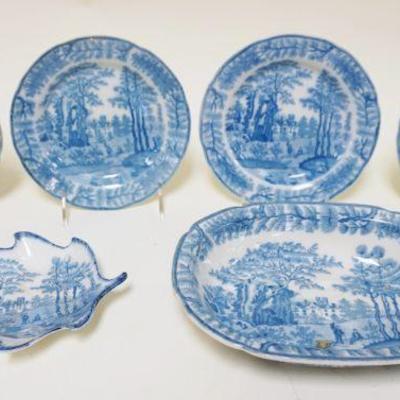 1095	DAVENPORT STAFFORDSHIRE BLUE & WHITE TRANSFERWARE INCLUDING 4-7 IN PLATES, 9 1/2 IN SERVING BOWL & 7 IN LEAF PLATE, LEAF...