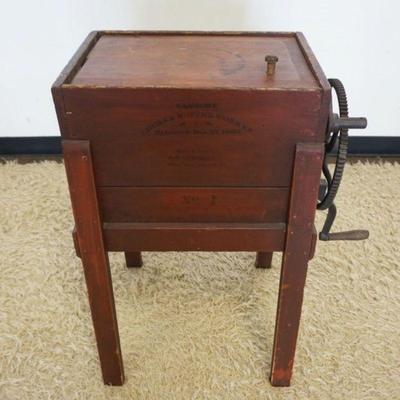 1068	ANTIQUE BUTTER CHURN IN OLD RED FINISH, MARKED SANBORN CHURN & BUTTER WORKER NO. 1 1865 WEST TOWNSEND VA, MISSING PADDLES....