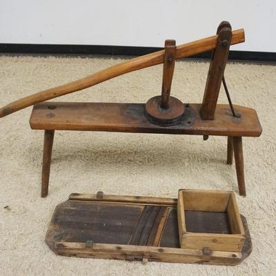 1047	PRIMITIVE LOT, SPLAY LEG BENCH W/PRESS & SLAW CUTTER
