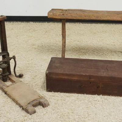 1050	PRIMITIVE LOT, BEAM POST DRILL, TOOL BOX & SPLAY LEG BENCH, BENCH APPROXIMATELY 41 IN X 10 IN X 22 IN HIGH
