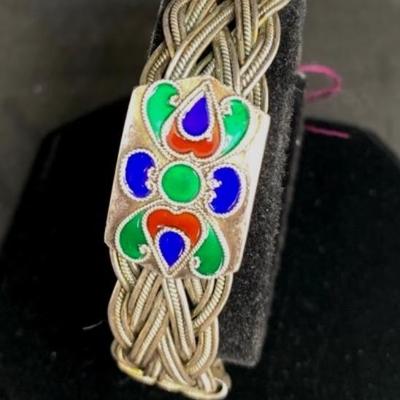 Braided Sterling Silver Bracelet with CloisonnÃ© Accent