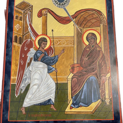 Lot 046-I: The Annunciation

Features: 
â€¢	Hand-painted/varnished religious icon on wood
â€¢	Created (â€œwrittenâ€) and signed/dated by...