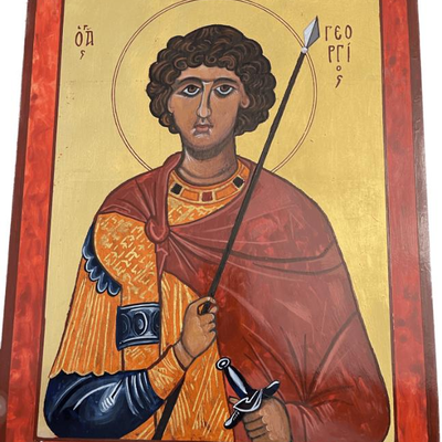 Lot 057-I: Saint George

Features: 
â€¢	Hand-painted/varnished religious icon on wood
â€¢	Created (â€œwrittenâ€) and signed/dated by our...