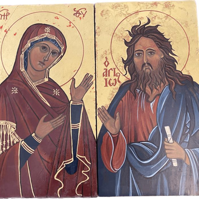 Lot 066-I: Icon Duo

Features: 
â€¢	Hand-painted/varnished religious icon on wood
â€¢	Created (â€œwrittenâ€) and signed/dated by our...