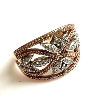 #46 â€¢ 10K Rose and White Gold Band Ring w/ Many PavÃ© Diamonds in Floral Design - Size 8
