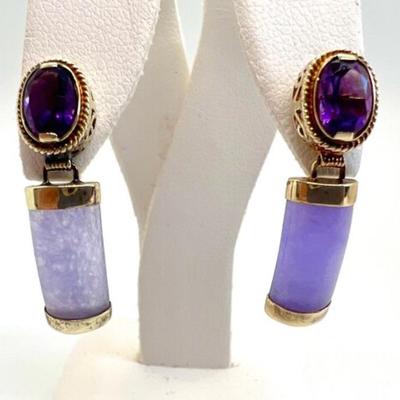 #2 â€¢ Vintage 14K, Amethyst and Lilac Jade Dangle Earrings, Pierced
