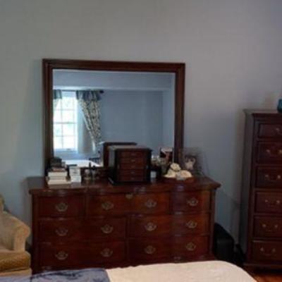 Mahogany Dresser With Mirror, Highboy Dresser, Beige Matching Ethan Allen Swivel Chairs