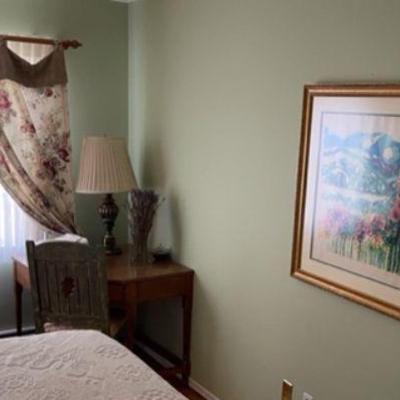 Mauve Swivel Chair, Antique Corner Desk, Brass Lamp, Cream Damask Drapes