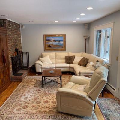 White Damask Couch, Ethan Allen Oval Coffee Table, Ethan Allen Oval Side Tables