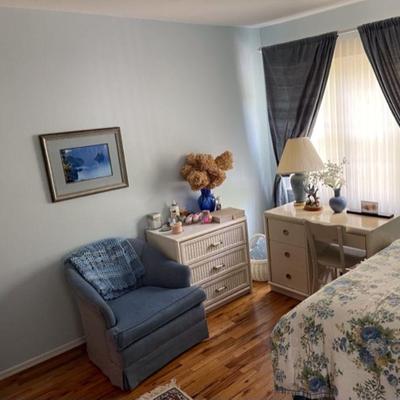 White Wicker Dressers (2), Blue Chair, White Desk & Chair, Lamps (2)