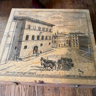 Vintage Antinori Wood Wine Case/Box with Etched Lid Featuring a Scene of Florence, Italy $40