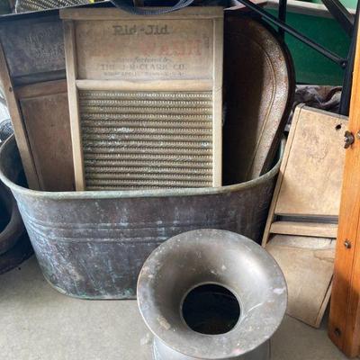 Spittoon, copper boiler, wash boards