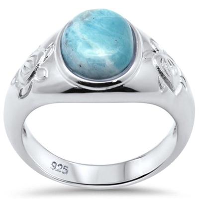 Natural Oval Larimar & Turtle .925 Sterling Silver Ring Sizes 5-10...