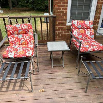 Outdoor Furniture (2) Chairs with Ottomans and Small Table