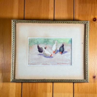 FANNY TEWKSBURY WATERCOLOR | Four hens feeding. Fanny Wallace Tewksbury (1852-1934) of Boston MA. Watercolor of four hens. Signed lower...
