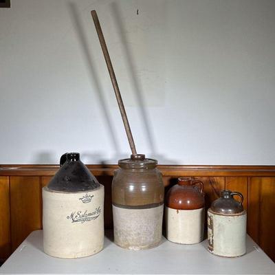 (4PC) VINTAGE STONEWARE JUG LOT | Lot Includes: (1) B-H Pure White Shellac Brown & White Jug (1) Tan & White Wide Mouthed Jug (1)...