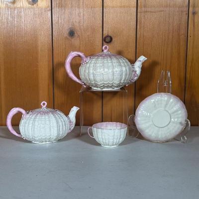 (3PC) BELLEEK TRIDACNA TEAPOTS 1ST BLACK MARK | Group of Tridacna Pattern Belleek with large and small teapots and a cup & saucer....