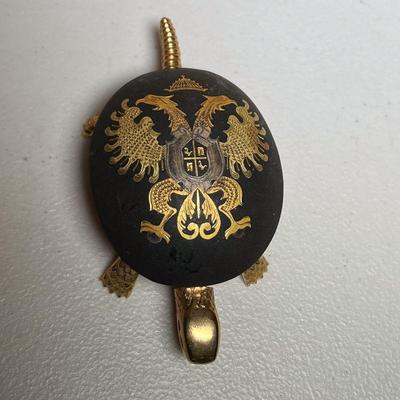 (3PC) EIBAR BOJ TURTLE DESK BELL & DISHES | Vintage Brass Damascene Hotel Desk Bell with Double Headed Eagle in back in gold on...