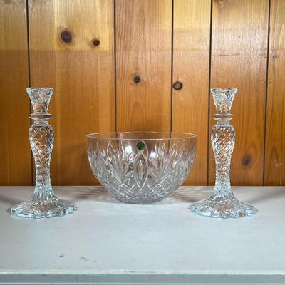 (3PC) WATERFORD BOWL & CANDLESTICKS. | Lot of Waterford, all acid etched: (2) Pr. of Candlesticks. (1) Bowl with Seahorse Label as...