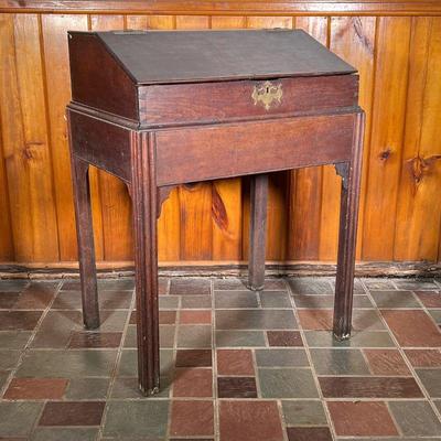 SCHOOL MASTERS CLERK'S DESK ON FRAME | 19th C Schoolmasters or Clerks Slant Lid Desk on frame. Mahogany Desk top is dovetailed with...